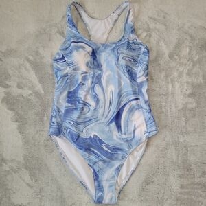 Nicole Miller Womens Size Large Blue Watercolor 1 Piece Racerback Swimsuit Swim